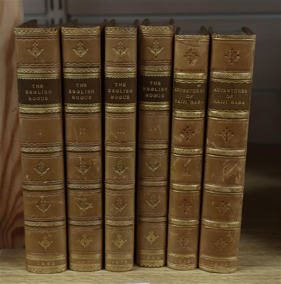 Four leather-bound volumes of The English Rogue and two volumes of Ali Baba